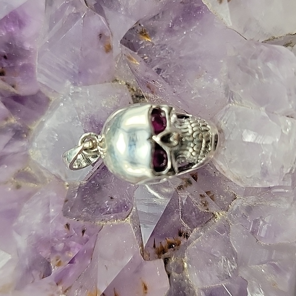 15x20mm Sterling Silver Skull Pendant with Red Faceted Ruby Eyes 5mm Bale Punk